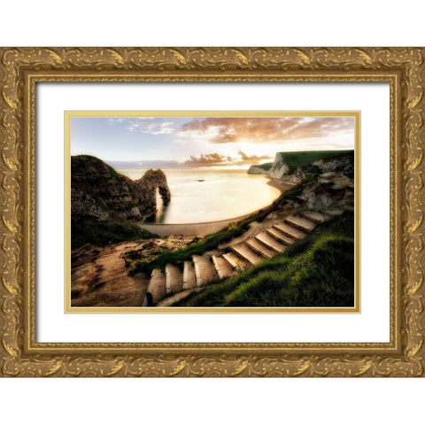 Sunset at Durdle Door with pathway. Dorset, Jurassic Coast, England Gold Ornate Wood Framed Art Print with Double Matting by Frates, Dennis