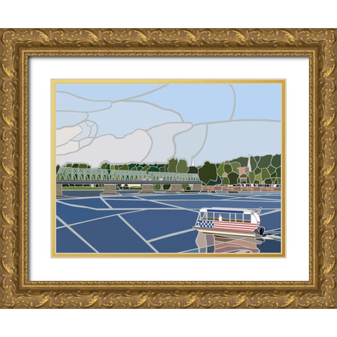 Lambertsville Bridge w BoatÂ  Gold Ornate Wood Framed Art Print with Double Matting by Mandell, Jonathan