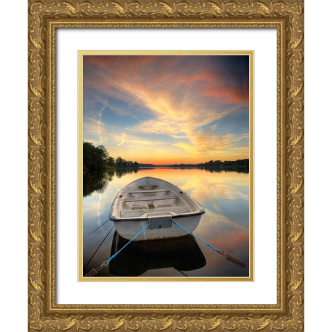 Rowboat on Summer Lake, Color Gold Ornate Wood Framed Art Print with Double Matting by Anonymous