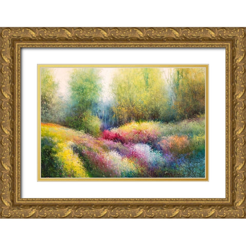 Spring Meadow with Flowers Gold Ornate Wood Framed Art Print with Double Matting by Rossi, Giorgio