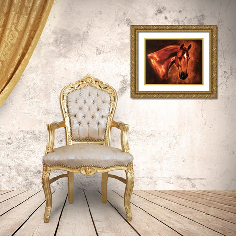 Chestnut Stallion Gold Ornate Wood Framed Art Print with Double Matting by Anonymous
