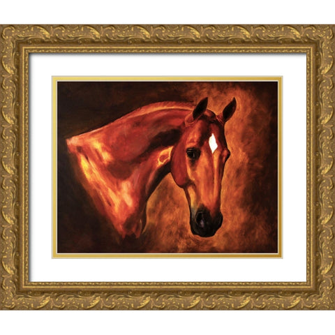 Chestnut Stallion Gold Ornate Wood Framed Art Print with Double Matting by Anonymous