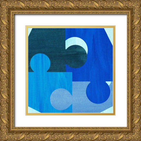 Blue and Teal Pattern Gold Ornate Wood Framed Art Print with Double Matting by Inuit