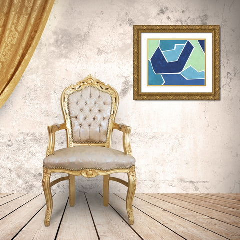 Teal and Blue Jigsaw Gold Ornate Wood Framed Art Print with Double Matting by Inuit