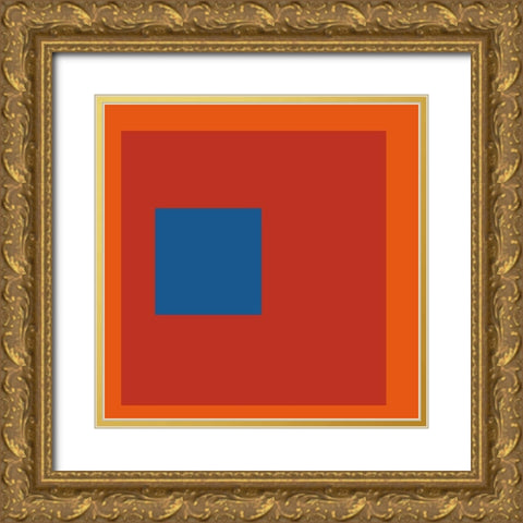 Blue Square on Red Gold Ornate Wood Framed Art Print with Double Matting by Inuit