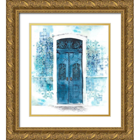 Blue Door in Tile Wall Gold Ornate Wood Framed Art Print with Double Matting by Anonymous