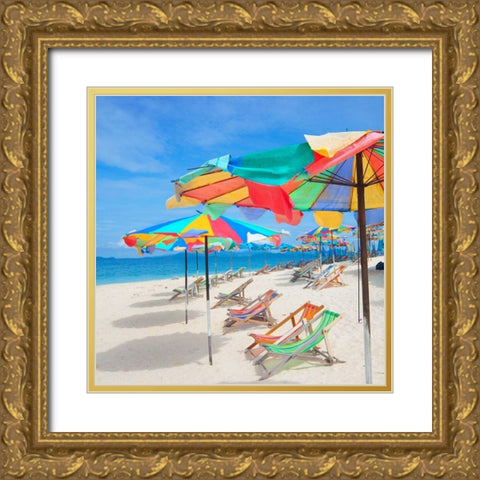 Parasols on a Tropic Isle Gold Ornate Wood Framed Art Print with Double Matting by Mosin