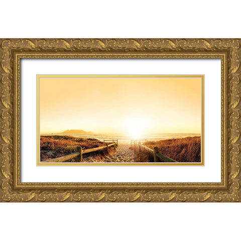 Sunset Beach Path Gold Ornate Wood Framed Art Print with Double Matting by Anonymous