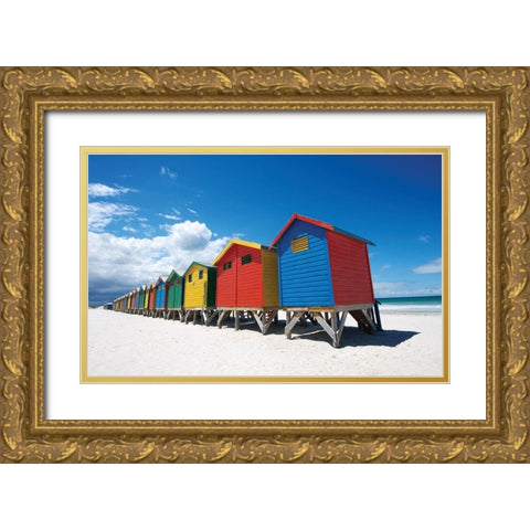 Rainbow Beach Huts Gold Ornate Wood Framed Art Print with Double Matting by Bradfield, N.