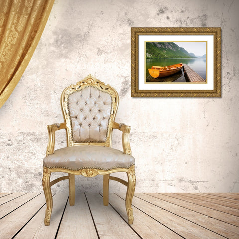 Boat at Lake Pier, Color Gold Ornate Wood Framed Art Print with Double Matting by Anonymous