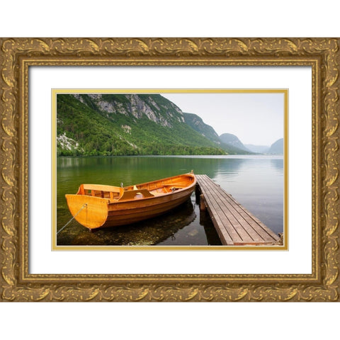 Boat at Lake Pier, Color Gold Ornate Wood Framed Art Print with Double Matting by Anonymous