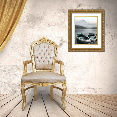 Two Rowboats at Pier Gold Ornate Wood Framed Art Print with Double Matting by Anonymous