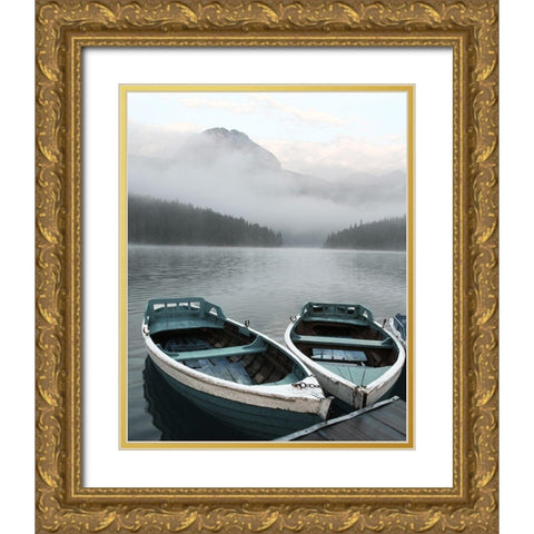 Two Rowboats at Pier Gold Ornate Wood Framed Art Print with Double Matting by Anonymous