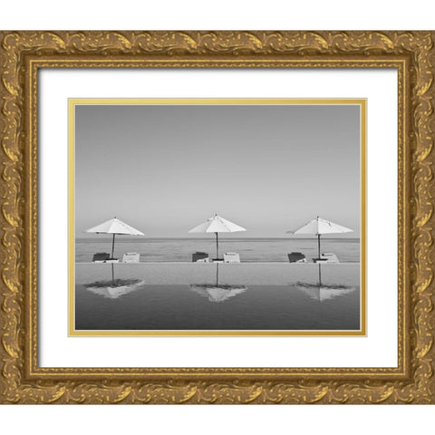 Umbrellas by the Sea Gold Ornate Wood Framed Art Print with Double Matting by Anonymous