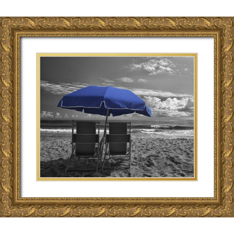 Blue Umbrella Gold Ornate Wood Framed Art Print with Double Matting by Turek, Eve