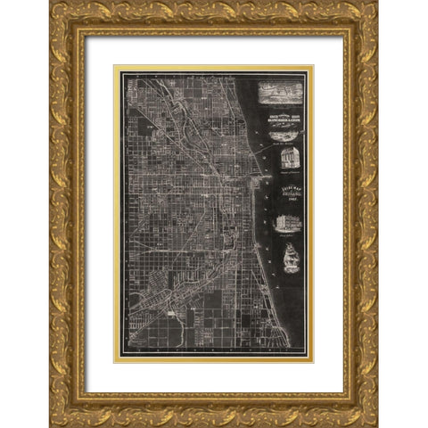 Antique Map of Chicago Gold Ornate Wood Framed Art Print with Double Matting by Blanchard