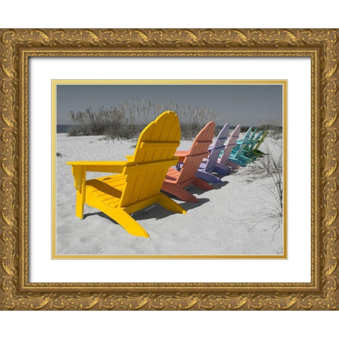 Colorful Beach Chairs Gold Ornate Wood Framed Art Print with Double Matting by Stegmann