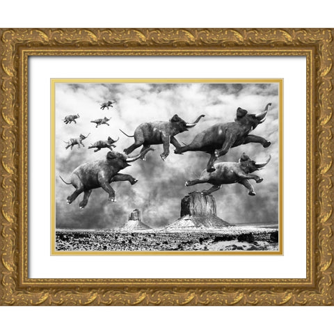 Flying Elephants Gold Ornate Wood Framed Art Print with Double Matting by Anonymous