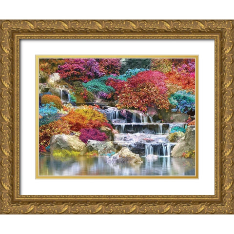 Flowering Waterfall Gold Ornate Wood Framed Art Print with Double Matting by Anonymous