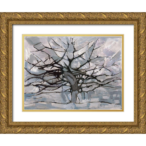 Grey Tree Abstract Gold Ornate Wood Framed Art Print with Double Matting by Dorvard
