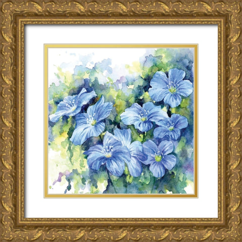 Spring Flowers in Blue Gold Ornate Wood Framed Art Print with Double Matting by Anonymous