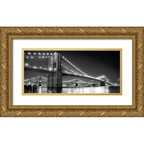 Brooklyn Bridge and Manhattan Bridge at Night Gold Ornate Wood Framed Art Print with Double Matting by Maier, Phil