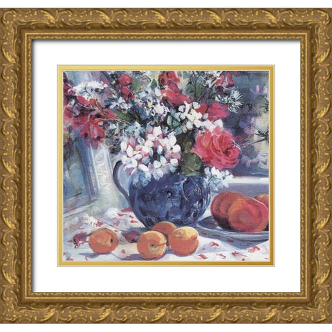 Blue Vase and Fruit Gold Ornate Wood Framed Art Print with Double Matting by Unknown