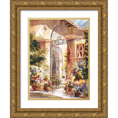 Gated Patio Gold Ornate Wood Framed Art Print with Double Matting by Unknown