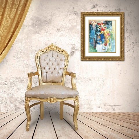 Blue Vase and Flowers Gold Ornate Wood Framed Art Print with Double Matting by Unknown