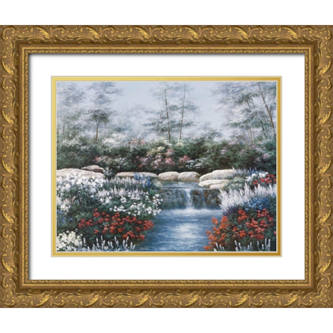 Waterfall Gold Ornate Wood Framed Art Print with Double Matting by Unknown