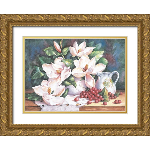 Flowers and Pitcher Gold Ornate Wood Framed Art Print with Double Matting by Unknown