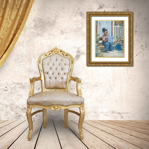 Girl Reading a Book Gold Ornate Wood Framed Art Print with Double Matting by Unknown