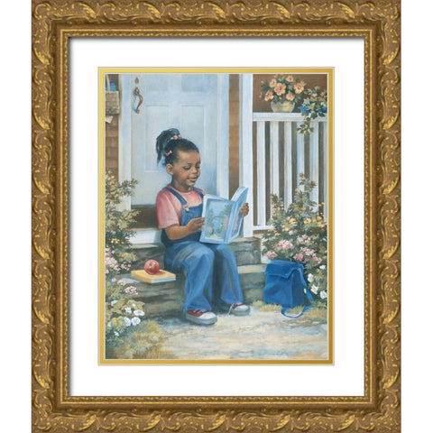 Girl Reading a Book Gold Ornate Wood Framed Art Print with Double Matting by Unknown