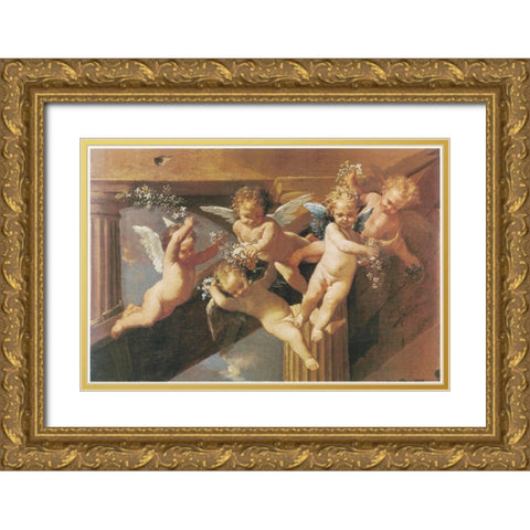 Cherubs Gold Ornate Wood Framed Art Print with Double Matting by Unknown