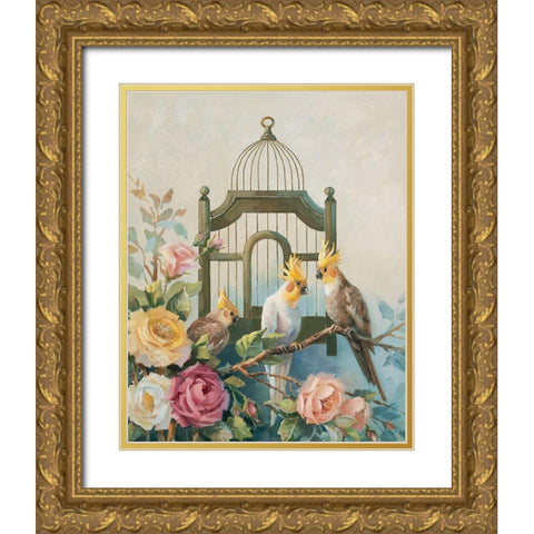 Three Cockatiels Gold Ornate Wood Framed Art Print with Double Matting by Unknown