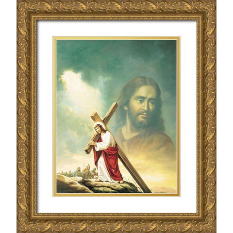 The Cross Gold Ornate Wood Framed Art Print with Double Matting by Unknown