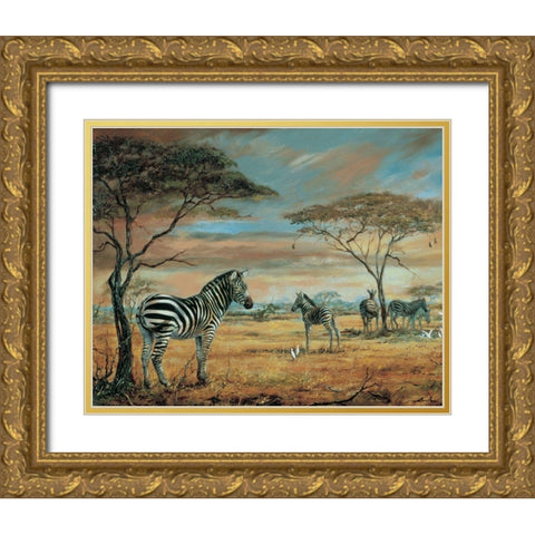 Savanne Zebras Gold Ornate Wood Framed Art Print with Double Matting by Unknown