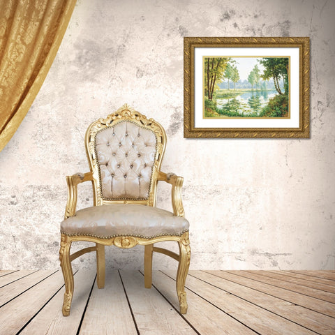 Misty Lake Gold Ornate Wood Framed Art Print with Double Matting by Unknown