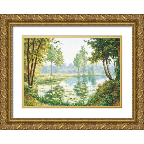 Misty Lake Gold Ornate Wood Framed Art Print with Double Matting by Unknown