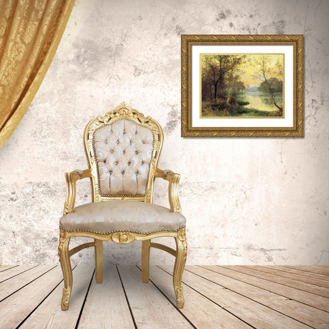 Birch Trees Gold Ornate Wood Framed Art Print with Double Matting by Unknown