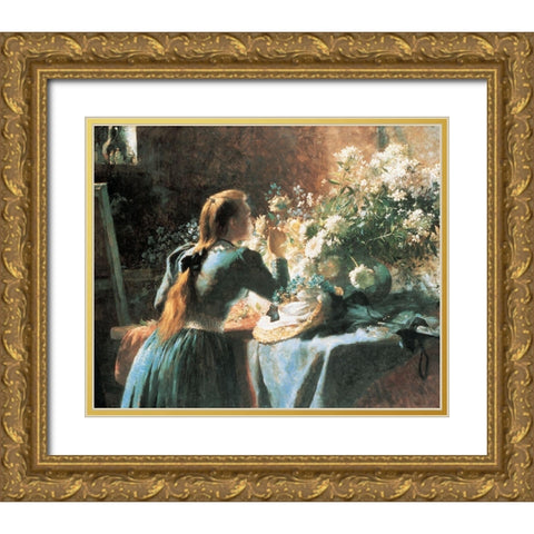 Smell the Flowers Gold Ornate Wood Framed Art Print with Double Matting by Unknown