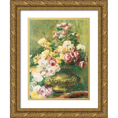 Roses in Urn Gold Ornate Wood Framed Art Print with Double Matting by Unknown