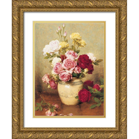 Roses in Vase Gold Ornate Wood Framed Art Print with Double Matting by Unknown