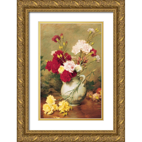 Carnations in Vase Gold Ornate Wood Framed Art Print with Double Matting by Unknown