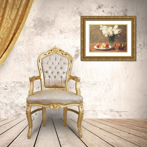 Flowers and Fruit Gold Ornate Wood Framed Art Print with Double Matting by Unknown