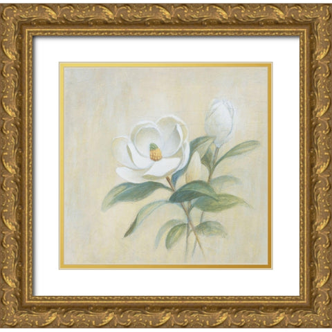 White Flower Gold Ornate Wood Framed Art Print with Double Matting by Unknown