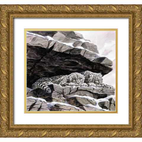 Snow Leopards Gold Ornate Wood Framed Art Print with Double Matting by Unknown