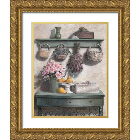 Flowers and Herbs Gold Ornate Wood Framed Art Print with Double Matting by Unknown
