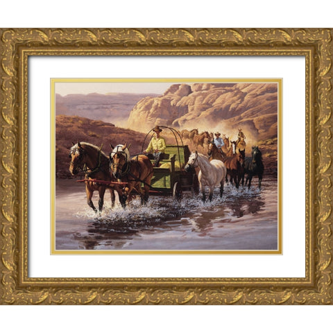 Wagon Train Gold Ornate Wood Framed Art Print with Double Matting by Unknown