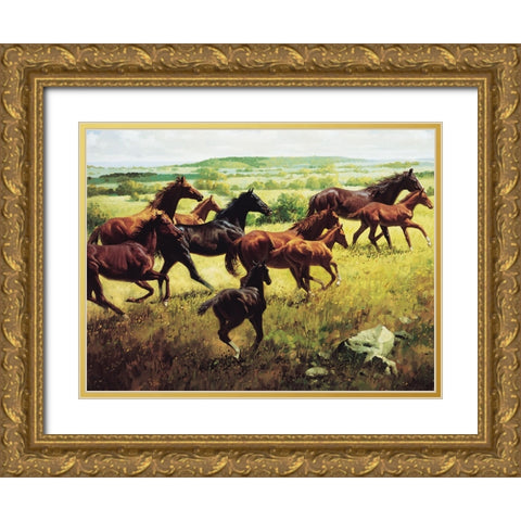 Wild Horses I Gold Ornate Wood Framed Art Print with Double Matting by Unknown